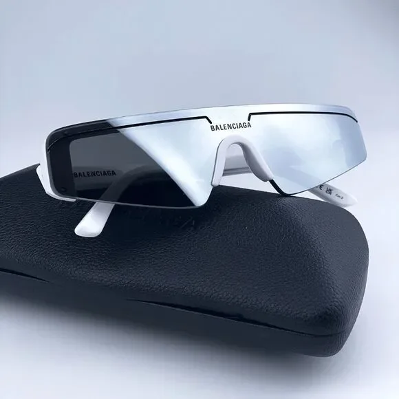 NEW Balenciaga BB0003S 002 White Silver Grey Mirrored Unisex Sunglasses